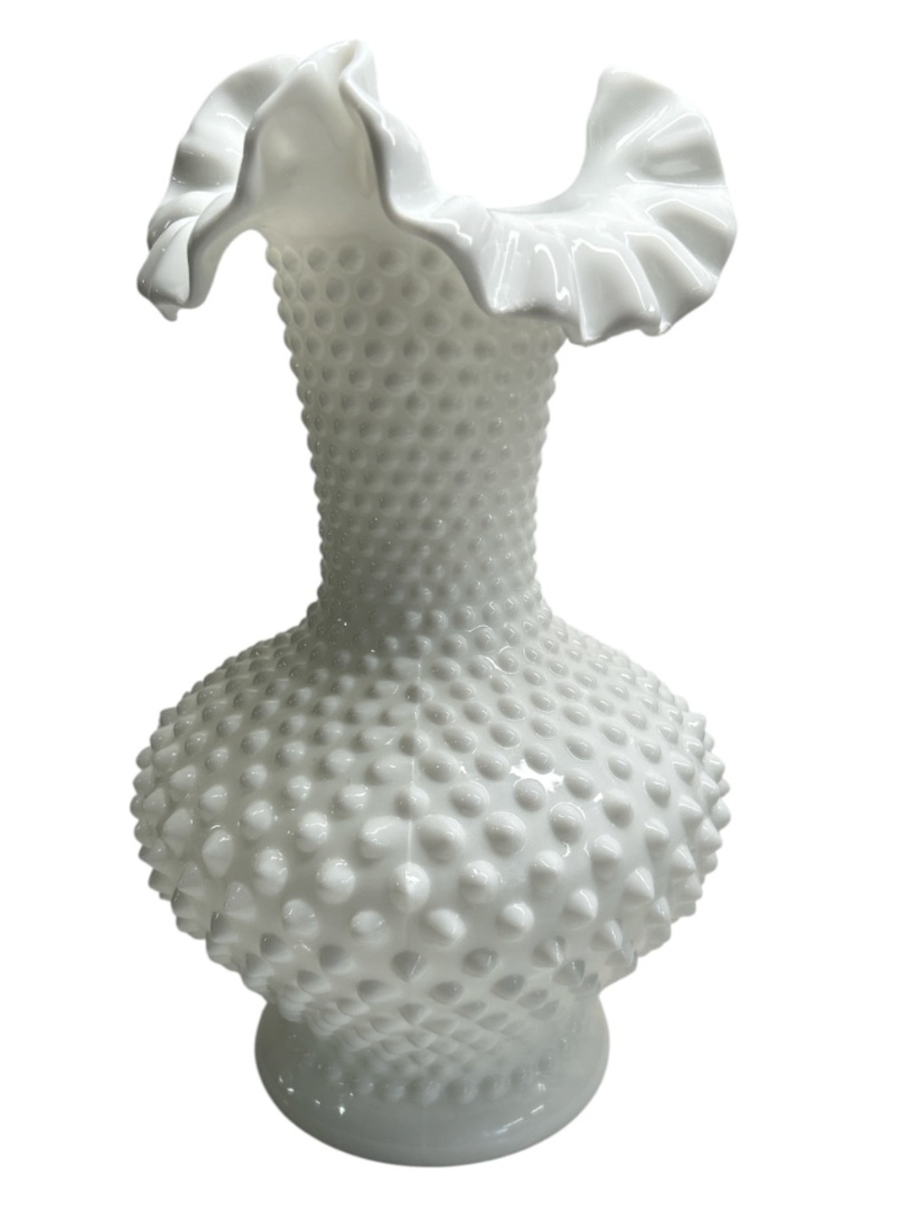 Vintage Hobnail Large White Milk Glass Vase With Ruffled Edge
